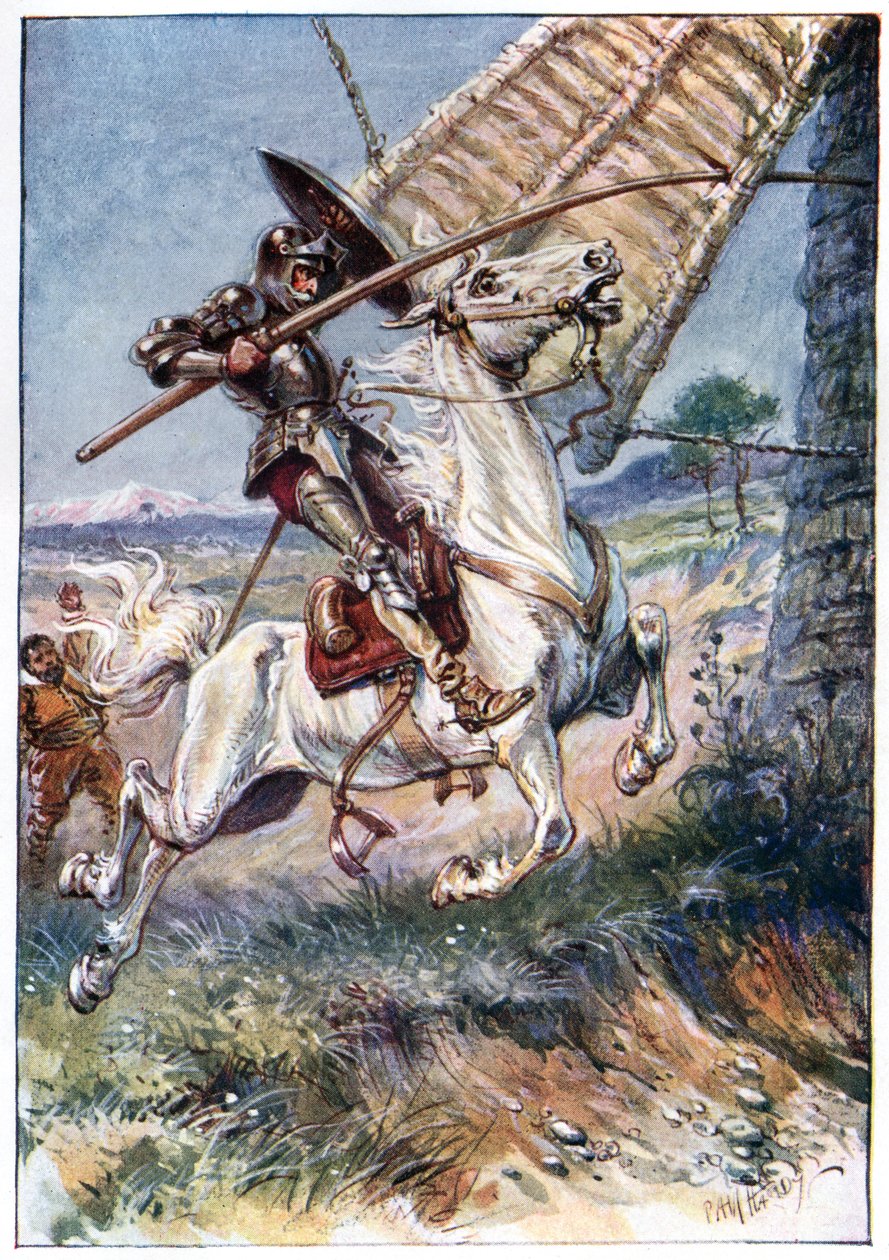 És lándzsáját a vitorlába járatva, illusztráció a „Don Quijote kalandjai”-ból, a G. Bell und Sons, Ltd., 1911. alkotó: Paul Hardy