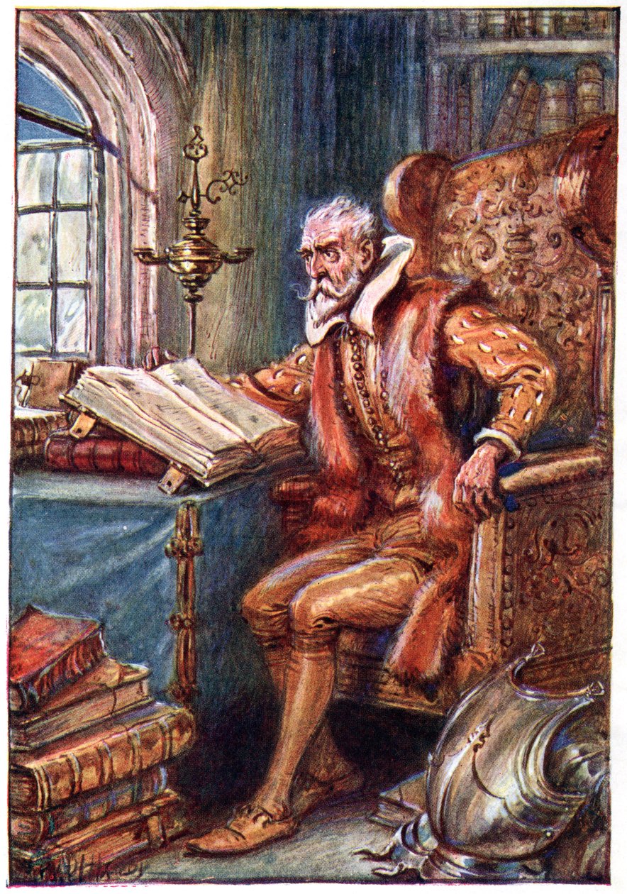 Az 1911-ben G. Bell und Sons, Ltd. kiadásában kiadott „Don Quijote kalandjai” című könyv illusztrációinak olvasásával töltötte az idejét. alkotó: Paul Hardy