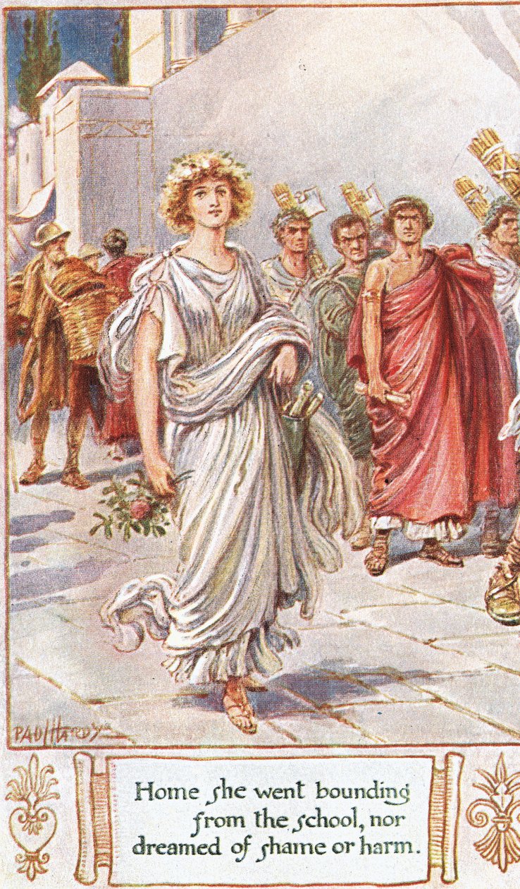 Hazaindult, az iskolából kiugrott, és nem álmodott szégyenről vagy bajról, illusztráció Thomas Babington Macaulay "The Lays of Ancient Rome" című művéből. alkotó: Paul Hardy