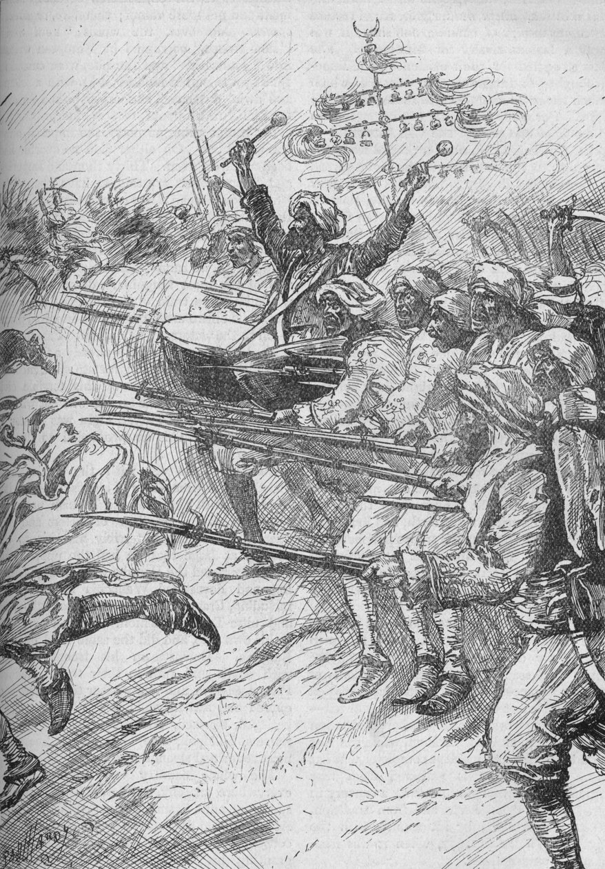 A janicsárok teljes sebességgel és rögzített szuronyokkal rohantak a támadásra, 1902 alkotó: Paul Hardy