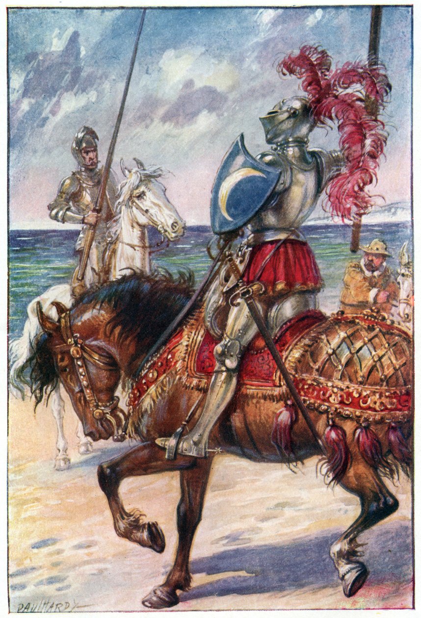 A Fehér Hold lovagja, illusztráció a „Don Quijote kalandjaiból”, kiadó: G. Bell und Sons, Ltd., 1911 alkotó: Paul Hardy