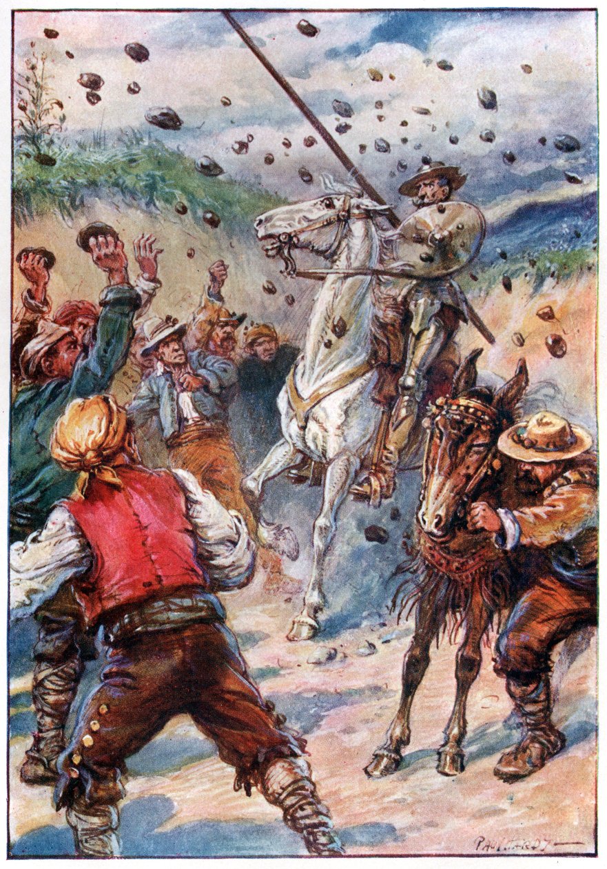Kőzáporral dobálták meg Don Quijotét, a G. Bell & Sons, Ltd. által kiadott „Don Quijote kalandjai” című illusztrációja. alkotó: Paul Hardy