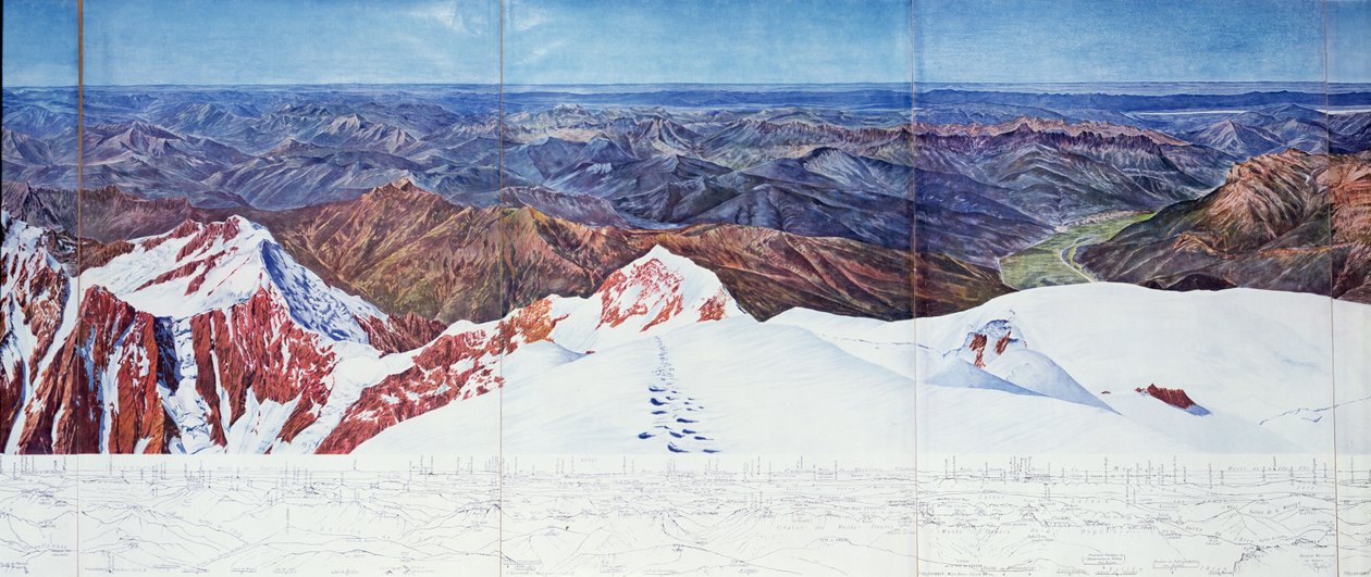 Panoráma a Pelvoux csúcsáról (sommet du Pelvoux) az Ecrins hegységben, Francia-Alpok (mélynyomás) (lásd még 404290) alkotó: Paul Helbronner