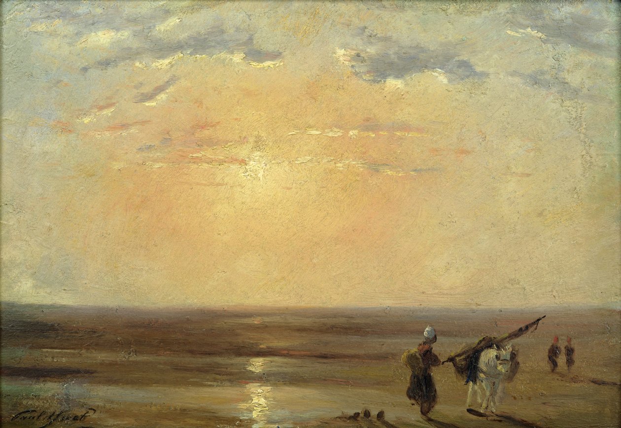 A trouville-i strand a lenyugvó nappal alkotó: Paul Huet