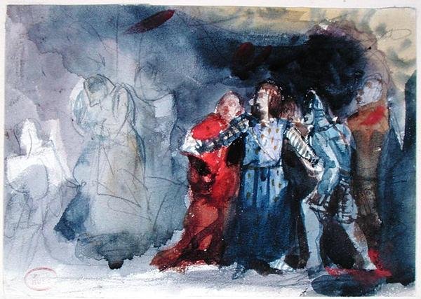 A Hamletnek megjelenő király szelleme, William Shakespeare (1564-1616) „Hamlet” I. felvonásának jelenete (akvarell papíron) alkotó: Paul Huet