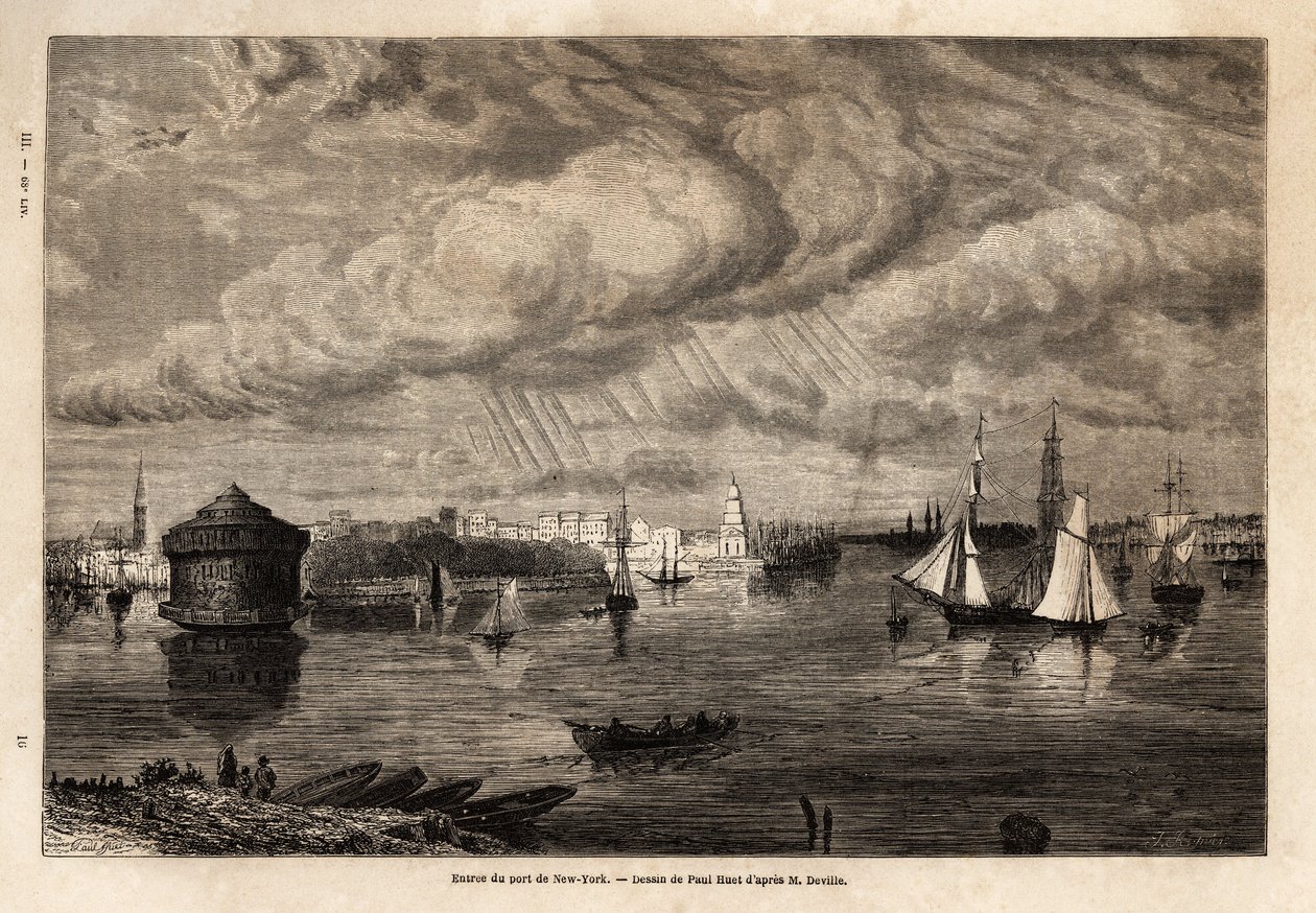 New York kikötőjének bejárata, Paul Huet (1803-1869) rajza az 1854-1855-ös észak-amerikai utazások illusztrálására, L. Deville. Metszet „” Le tour du monde”” 1861. Selva gyűjteményében. alkotó: Paul Huet
