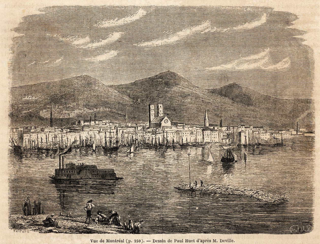 Montreal látképe, Paul Huet (1803-1869) rajza az 1854-1855-ös észak-amerikai utazások illusztrálására, L. Deville. Metszet „” Le tour du monde”” 1861. Selva gyűjteményében. alkotó: Paul Huet