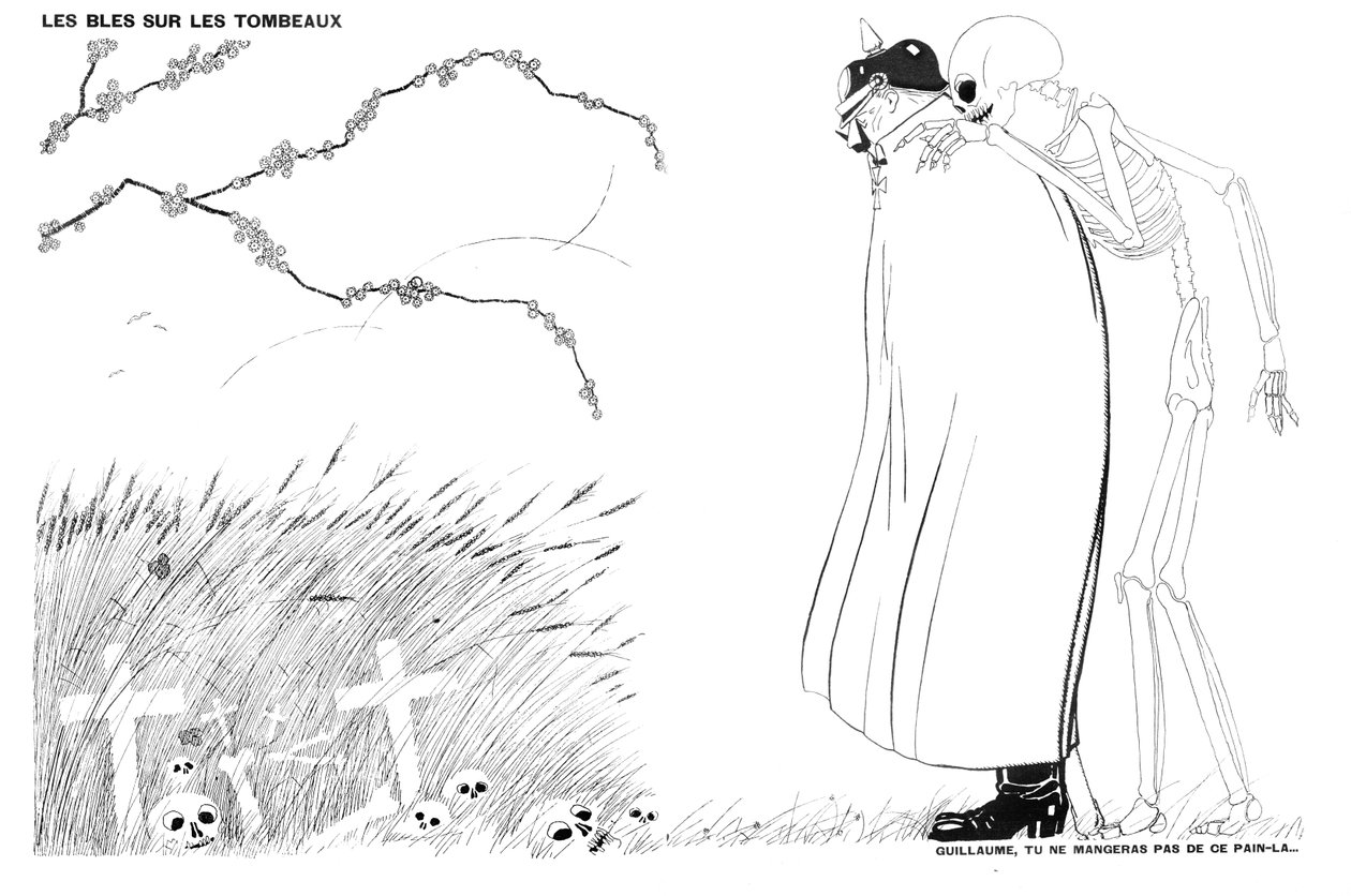 A halál közli Vilmos császárral, hogy soha nem fog francia katonák hulláin és sírjain termesztett búzából készült kenyeret enni, 1916. április 13. alkotó: Paul Iribe