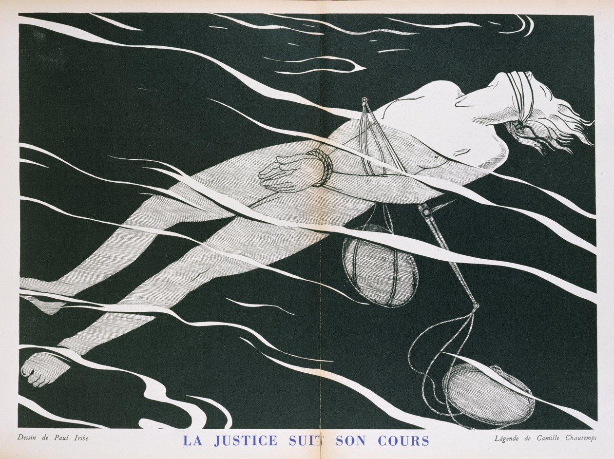 A Floury által kiadott „Parlons Francais”-ból az „Igazságosság követi útját”, az igazságszolgáltatási rendszer karikatúrája. 1934 alkotó: Paul Iribe