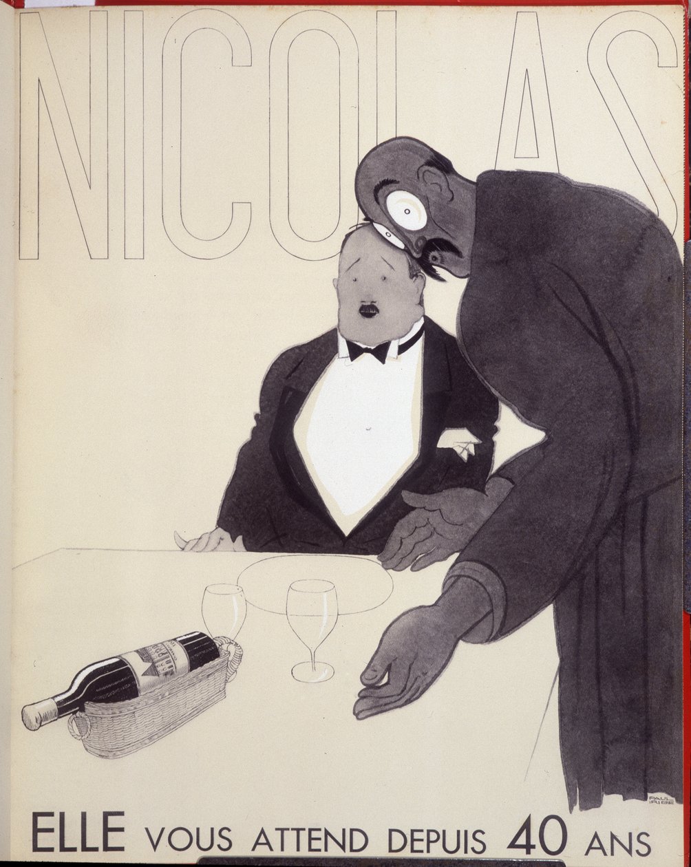 40 éve vár rád Egy étterem pincére egy üveg bor megtervezésével szólítja meg vásárlóját. - Nicolas reklámja, Paul Iribe rajza (1883-1935) alkotó: Paul Iribe