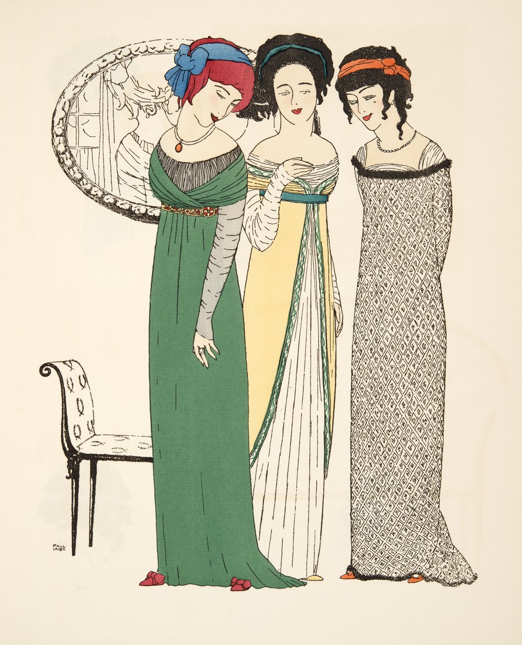 Három estélyi ruha a Les Robes de Paul Poiret pubból. 1908 (sablonnyomat) alkotó: Paul Iribe