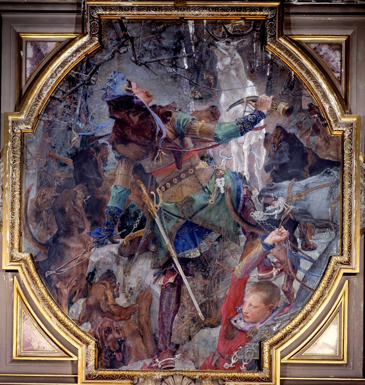Szent Hubert látomása, aki egy erdőbe ment vadászni, csodálatos módon látja Istent szarvas formájában megjelenni. Paul Jacques Aime Baudry (1828-1886) marouflee vászon 1882 V. 2,3x2,06 m Chantilly, Musee Conde alkotó: Paul Jacques Aimé Baudry