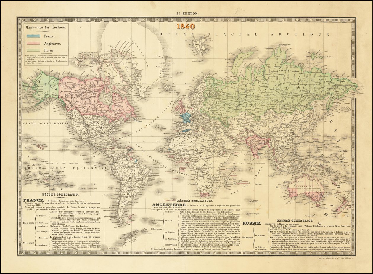 1840-es francia világtérkép, amely a brit, francia és orosz birodalom területeit ábrázolja. alkotó: Paul Kaeppelin