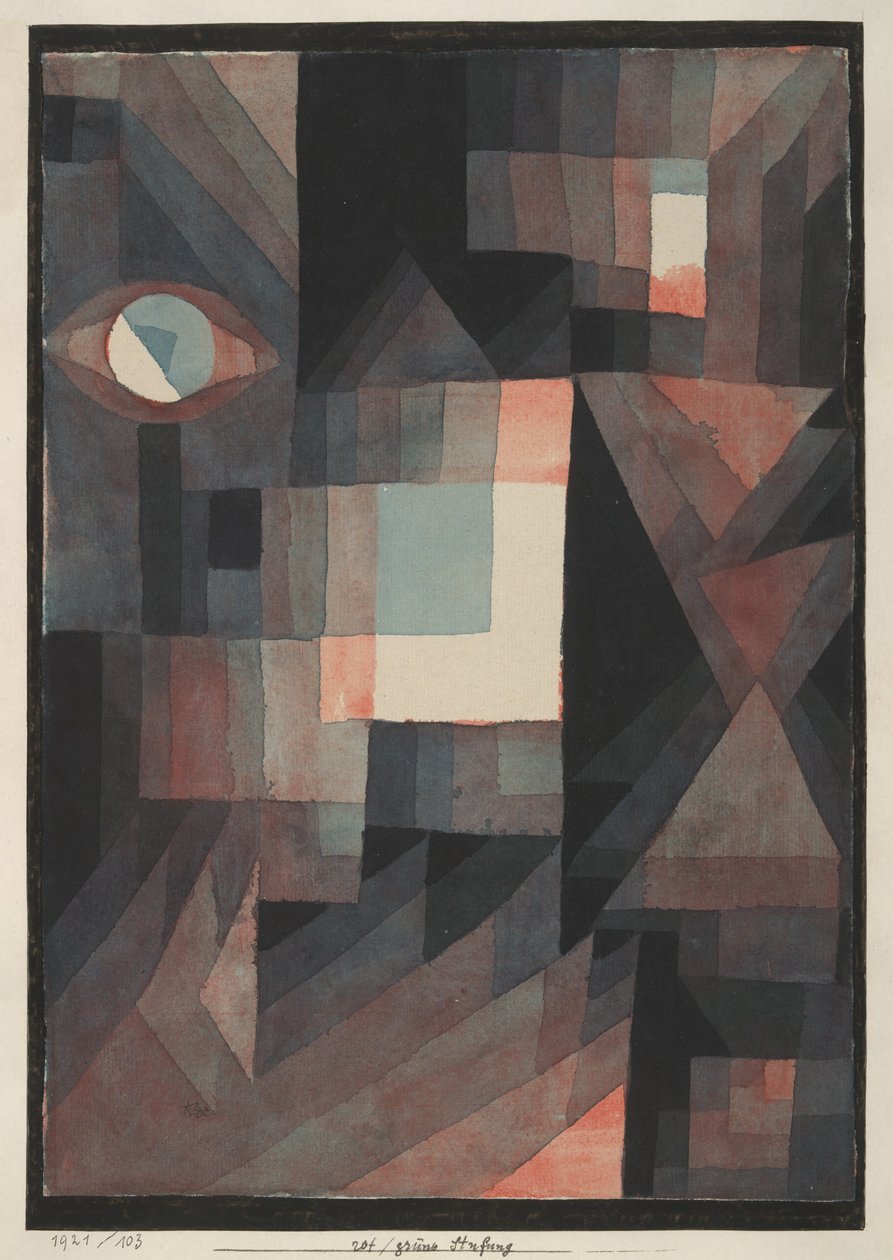 Absztrakt. Piros/zöld színátmenet némi cinnibárral függőleges formátumban alkotó: Paul Klee