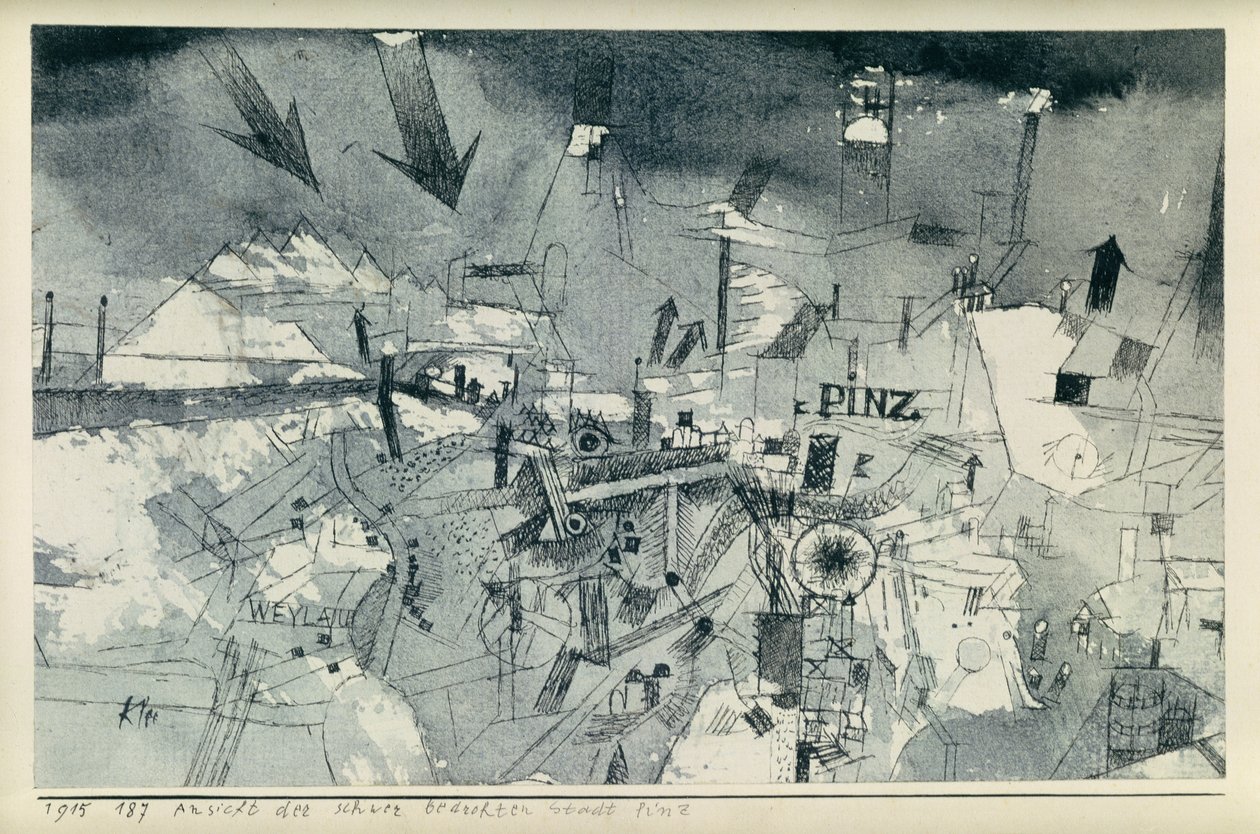 Kilátás a súlyosan veszélyeztetett Pintz városára alkotó: Paul Klee