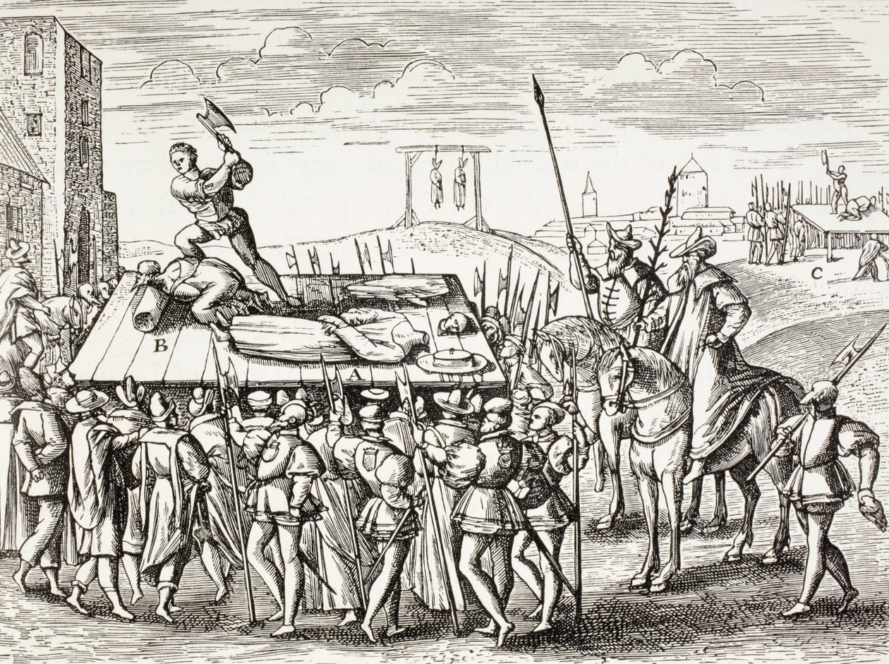 16. századi propaganda, amely a Viii. Henrik király által az angol katolikusok ellen elrendelt büntetéseket illusztrálja. alkotó: Paul Lacroix