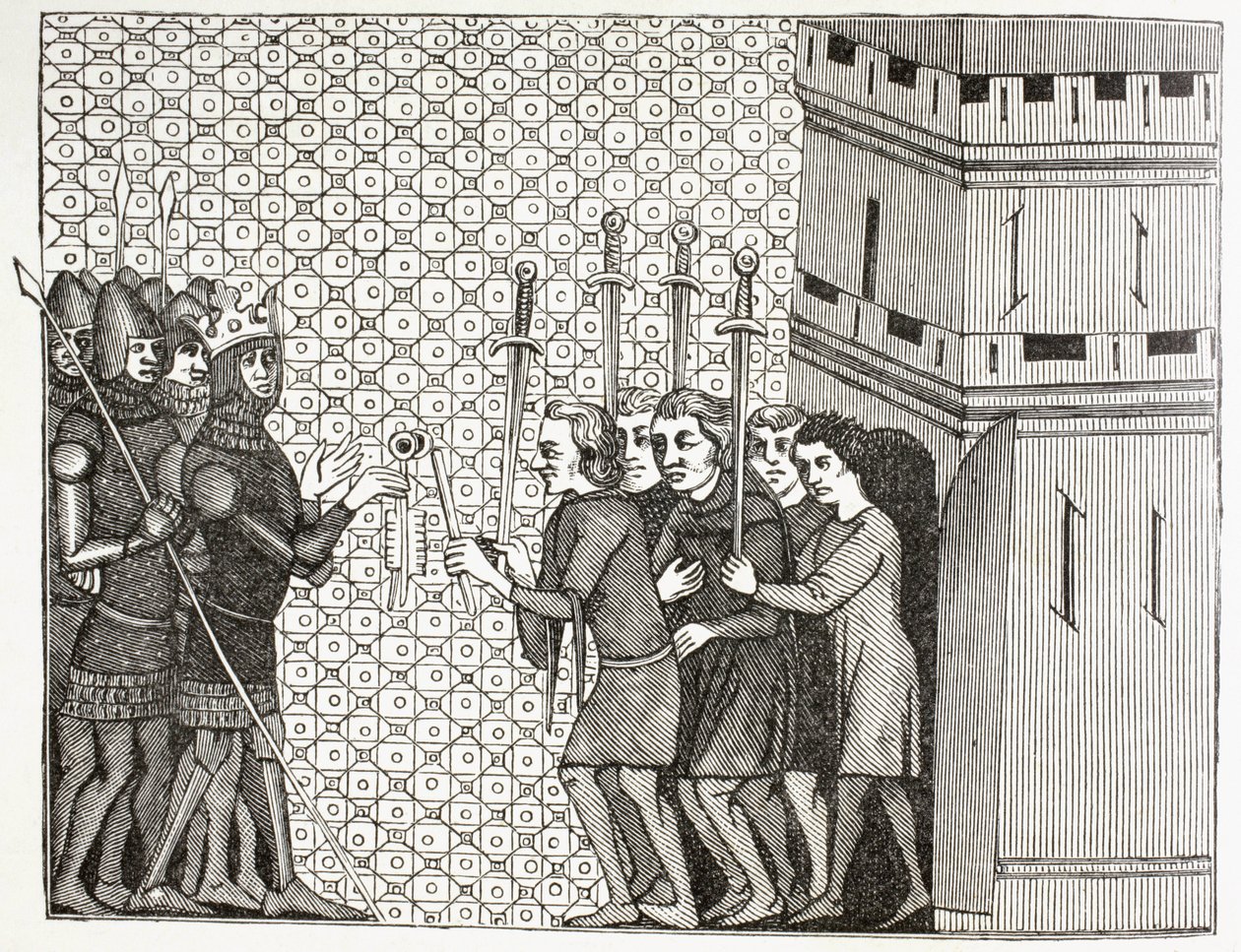 Egy város elfoglalása után a 14. században a helyőrség megadja magát, és a fogvatartók kegyelmére bízza magát. Egy 14. századi miniatúra után a Histoire Du Monde-ban. alkotó: Paul Lacroix