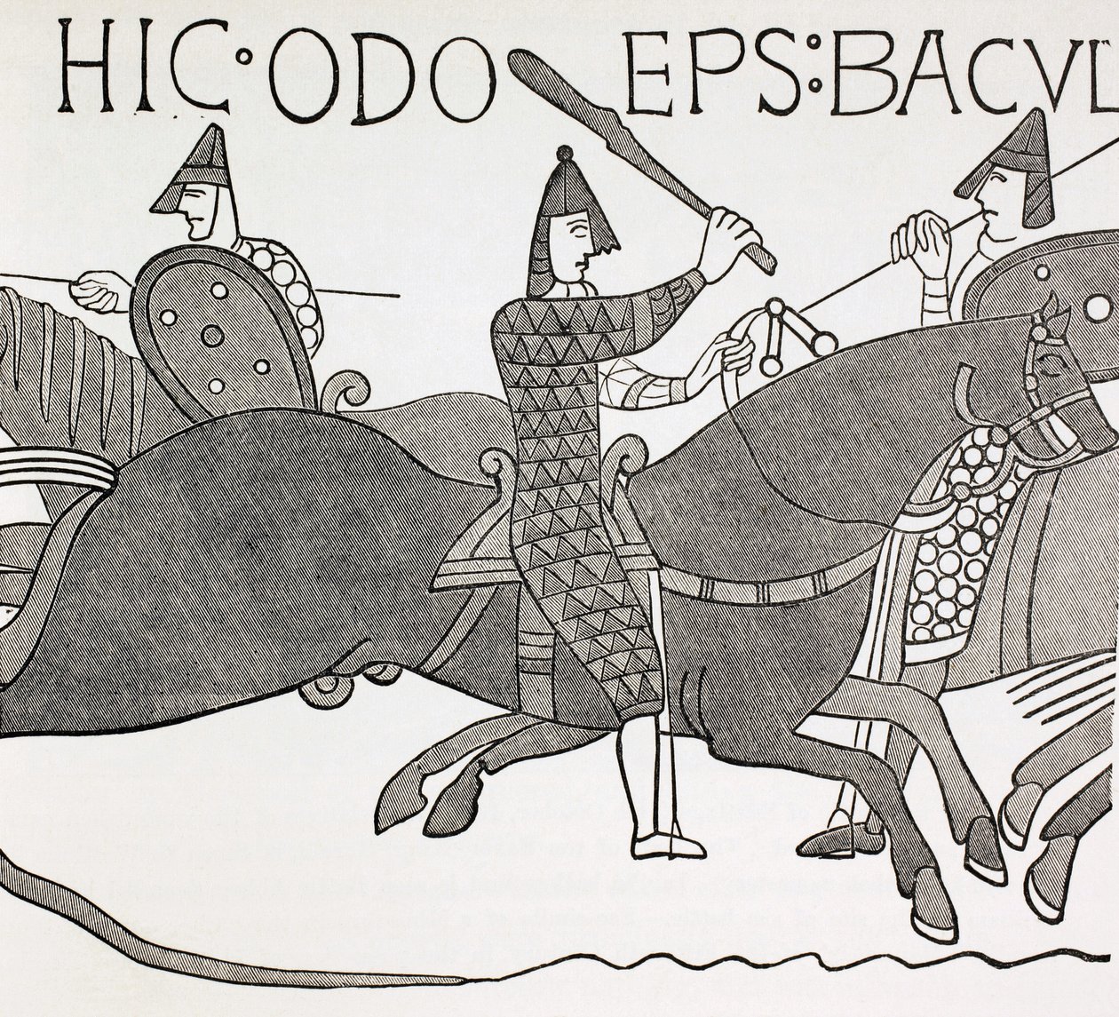 Edues püspök a hivatali botját tartva és Normandia hercegének katonáit biztatva a hastings-i csatában. A bayeux-i faliszőnyeg egyik részlete után. alkotó: Paul Lacroix