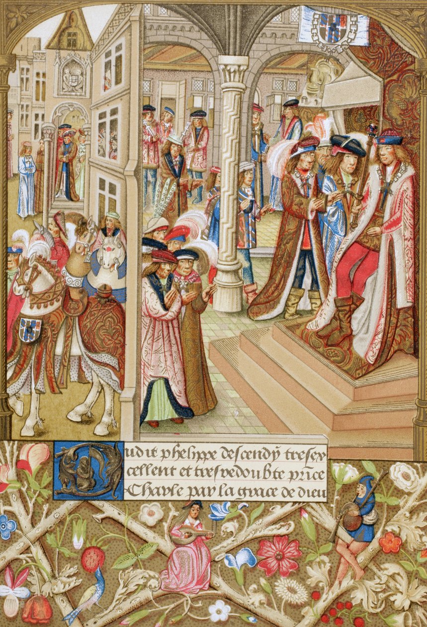 Merész Károly, Burgundia hercege,1433-1477, trónján ülve, bárói és tanácsosai jelenlétében. Egy 15. századi kézirat után, Burgundia rövidített krónikája. alkotó: Paul Lacroix