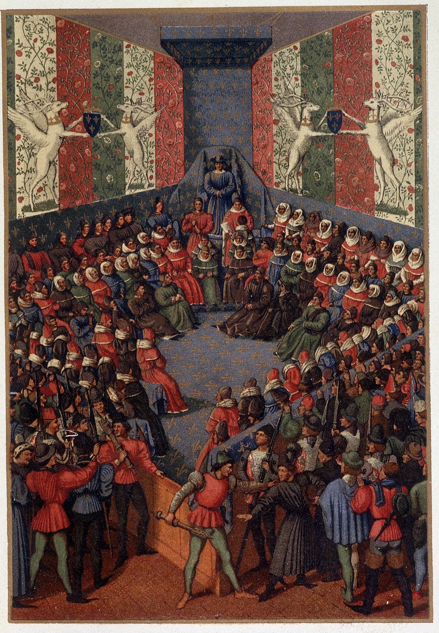 VII. Károly elnökölte János, Alencon hercegének (az angolokkal szövetséges) ítéletét Vendome-ban 1458-ban – Fouquet miniatúrája után, Paul Lacroix, Párizs „Katonai és vallási élet a középkorban és a reneszánsz korában” című művében. alkotó: Paul Lacroix