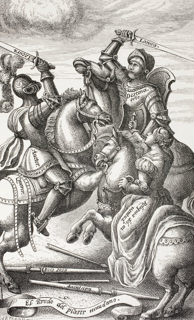 Allegorikus alakok által ábrázolt lovagiasság. Lóháton harcoló lovagok. Egy 16. századi rézkarc után. alkotó: Paul Lacroix