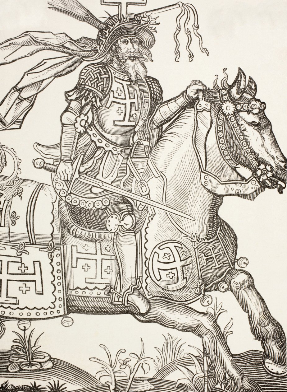 Godfrey Of Bouillon, 1060-1100 körül, középkori frank lovag. Az első keresztes hadjárat egyik vezetője. Itt Krisztus szenvedésének eszközeivel megkoronázva látható. Egy 15. századi fametszet után. alkotó: Paul Lacroix