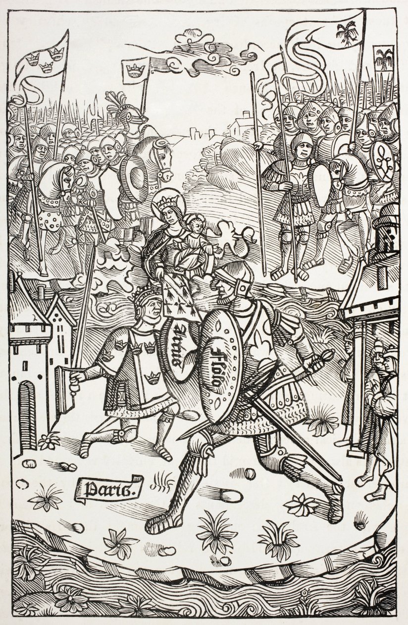 Artus király, vagy Artúr, a Szűz által védve, egy óriással harcol. A Chroniques De Bretagne-ban található fametszet után, Alain Bouchard, Kiadva 1514-ben. alkotó: Paul Lacroix