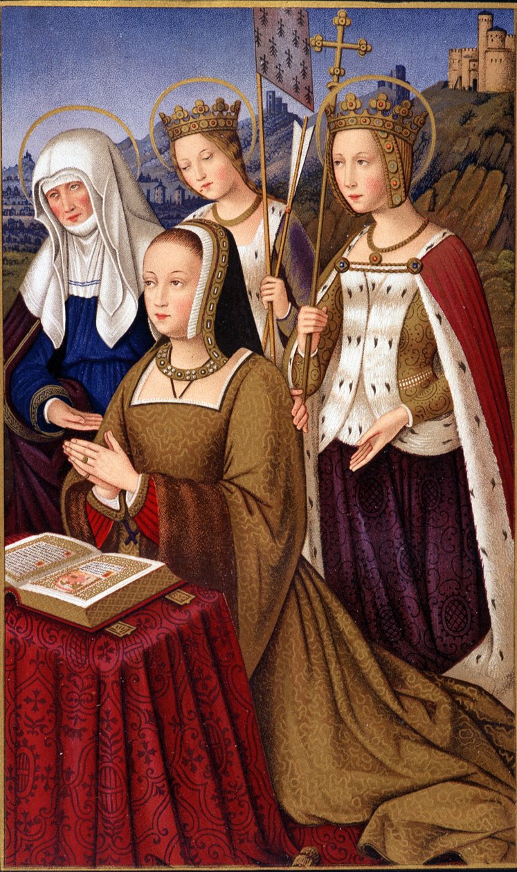 Bretagne-i Anna (1477-1514), francia királynő portréja imádkozik szent védőszentjével, Szent Annával, Szent Ilonával és Szent Ursulával – Paul „Katonai és vallási élet a középkorban és a reneszánsz korszakban” című művében. Lacroix, Párizs alkotó: Paul Lacroix