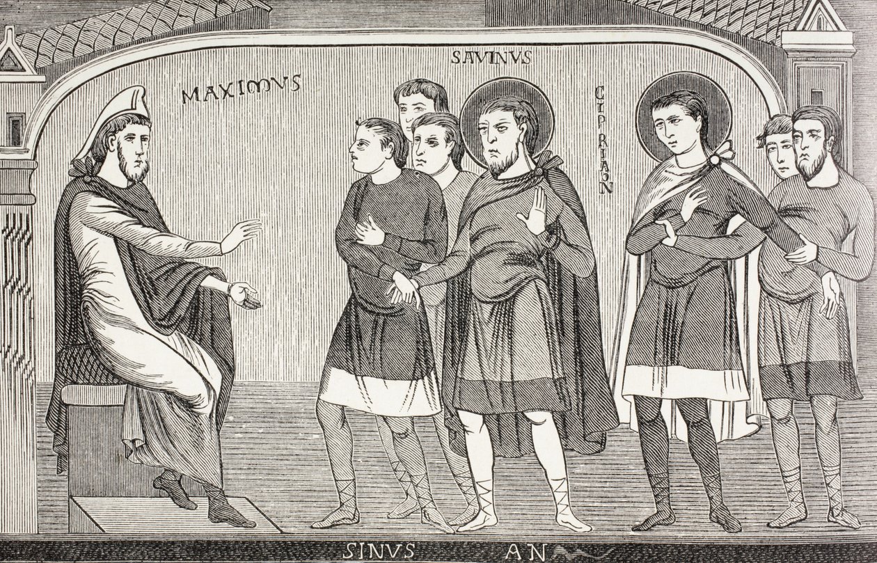 Savinus és Cyprianus szentek megvallják Galerius Maximus prokonzulnak, hogy keresztények. Egy 11. századi freskó után a franciaországi Vienne-i Szent Savin-templomban. alkotó: Paul Lacroix