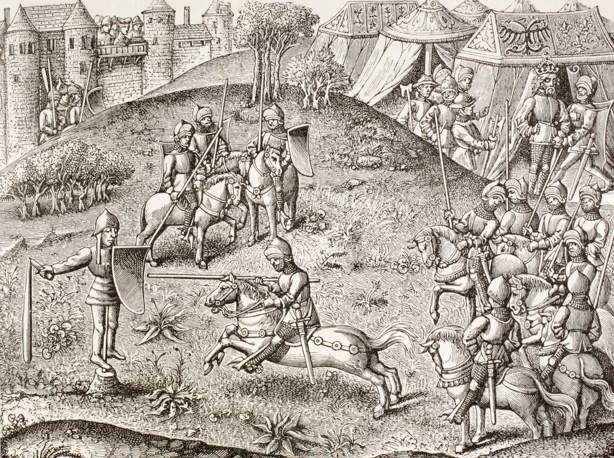 A Quintainra billegve, Egy lovag forgó képmása. A 15. századi Chroniques De Charlemagne miniatűrje után. alkotó: Paul Lacroix