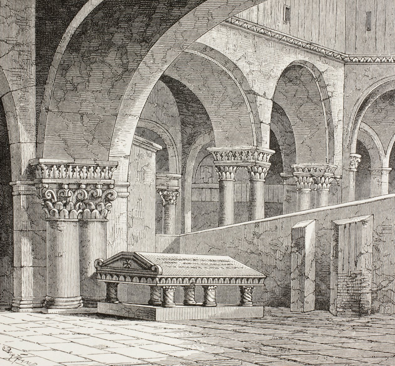 Godfrey De Boullon sírja, 1060-1100 körül, ahogyan a jeruzsálemi Szent Sír templomban állt. A síremlék mára elpusztult. A helyszínen 1828-ban készült rajz alapján. alkotó: Paul Lacroix