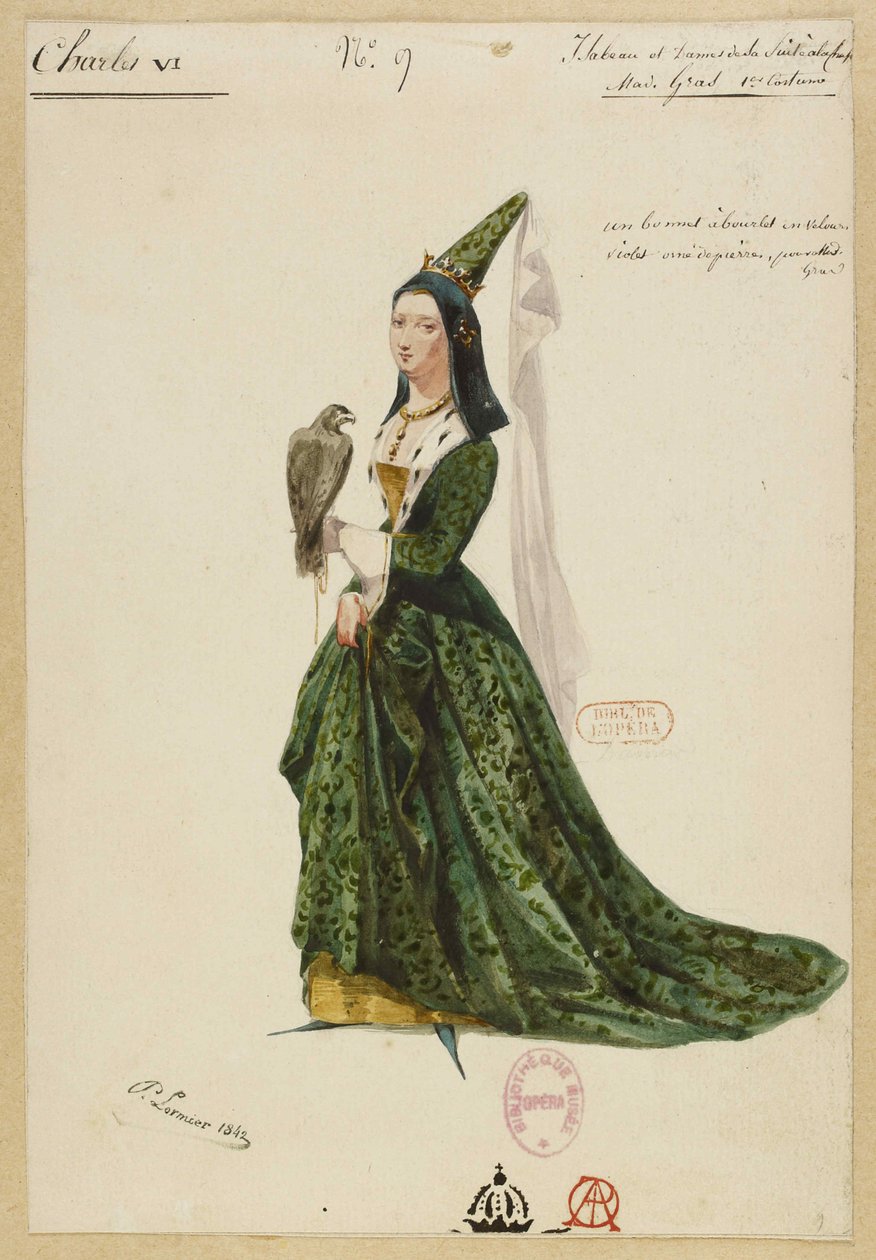 Bajor Izabella. Halévy Fromental VI. Károly című operájának jelmezterve, 1843. alkotó: Paul Lormier