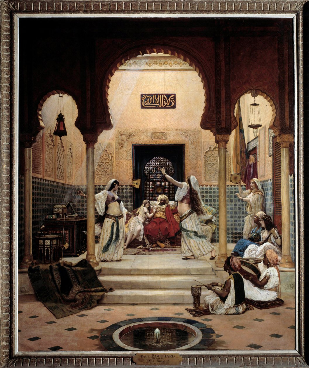 A keleti táncosok (has) háremben elvonják a pasa figyelmét. Paul Bouchard (1853-1937) festménye 1893 V. 1,6x1,3 m Párizs, Muse d