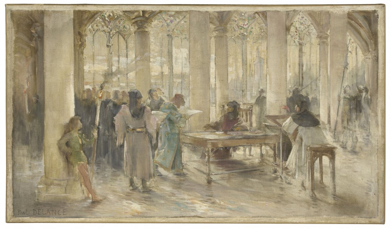 A párizsi kereskedelmi bíróság tárgyalótermének vázlata: Le livre des métiers, 1891 körül (ceruza, olaj, vászon) alkotó: Paul Louis Delance