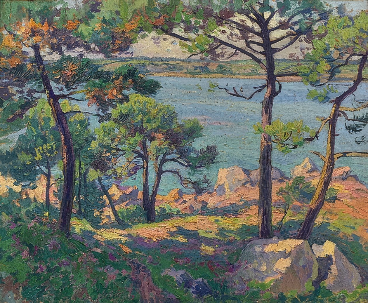 Fenyőfák a Trieux folyón. 1913 alkotó: Paul Madeline