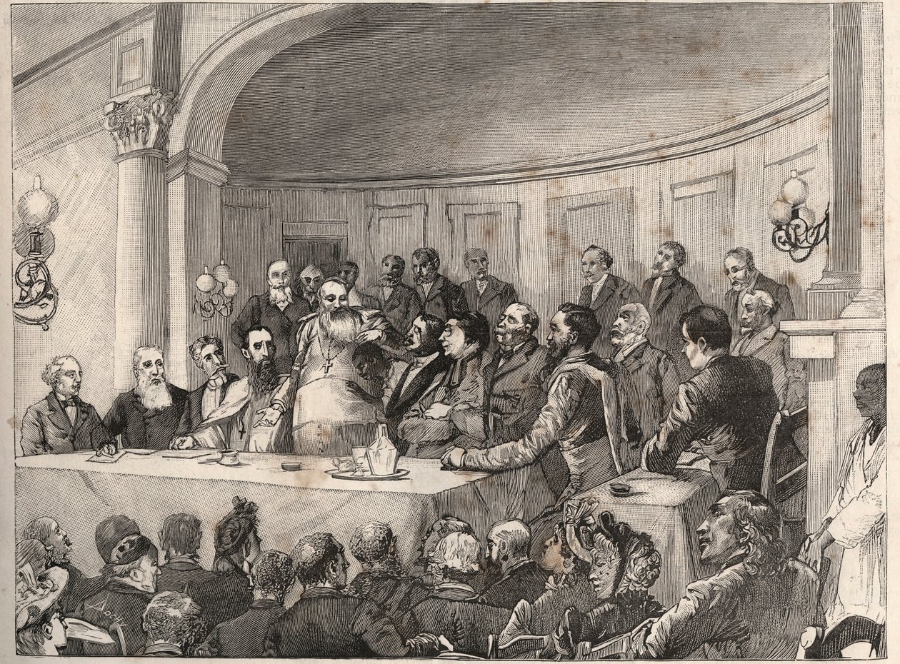 A rabszolgaság elleni kongresszus 1890. szeptember 21-én, 22-én és 23-án Párizsban került megrendezésre a Földrajzi Társaságban Jules Simon, Emile Keller és Monseigneur Lavigerie jelenlétében. Metszet Paul Merwart 1890-es „The Illustrous World” című rajza  alkotó: Paul Merwart
