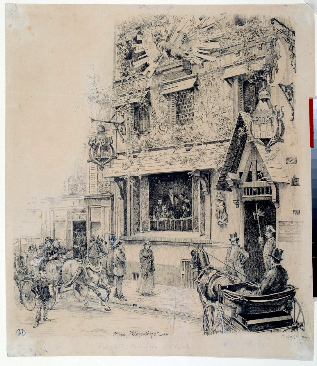 Kilátás a Cabaret du Chat Noir bejáratára. Paul Merwart (1855-1902) tusrajza 19. századi Párizs, Musee Carnavalet alkotó: Paul Merwart