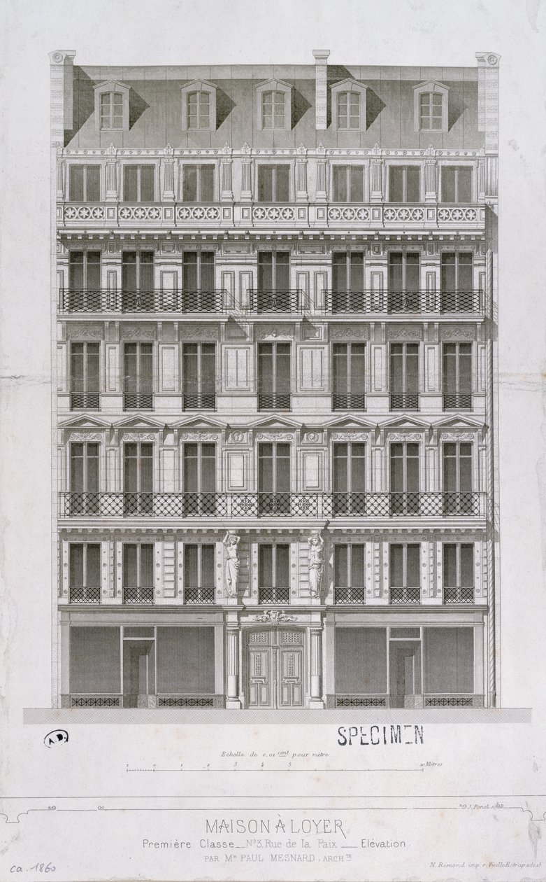Terv egy Haussmann stílusú lakóházhoz a rue de la Paix-en, Párizs, 1860 körül alkotó: Paul Mesnard