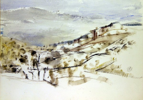 Feltörekvő táj, 3. (akvarell és kréta papíron) alkotó: Paul Nash