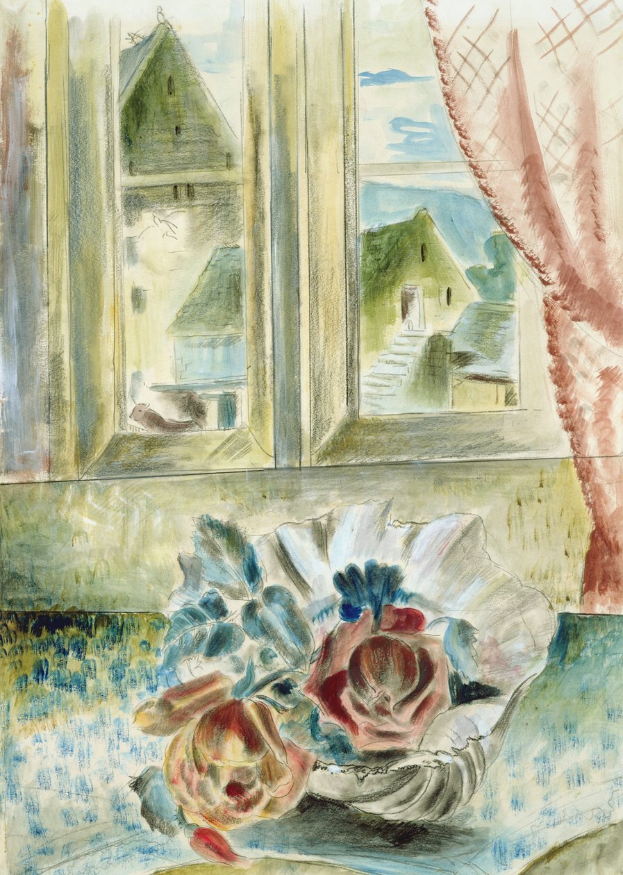 Vörös rózsák kagylóban (ceruza, kréta és akvarell papíron) alkotó: Paul Nash