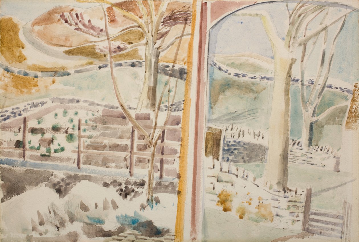 A táj az ablakon és a tükörképen keresztül alkotó: Paul Nash