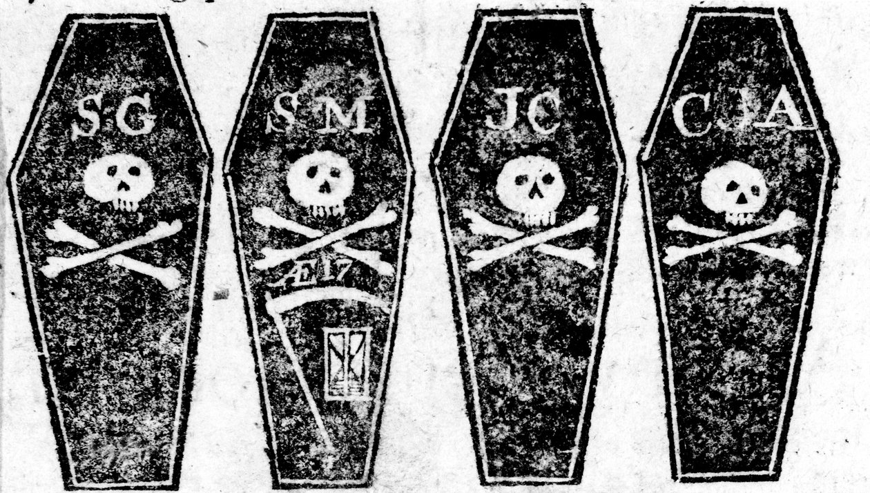 Rajz a bostoni mészárlás négy koporsójáról, kinyomtatva a Boston Gazette-ben, 1770. március 12. alkotó: Paul Revere