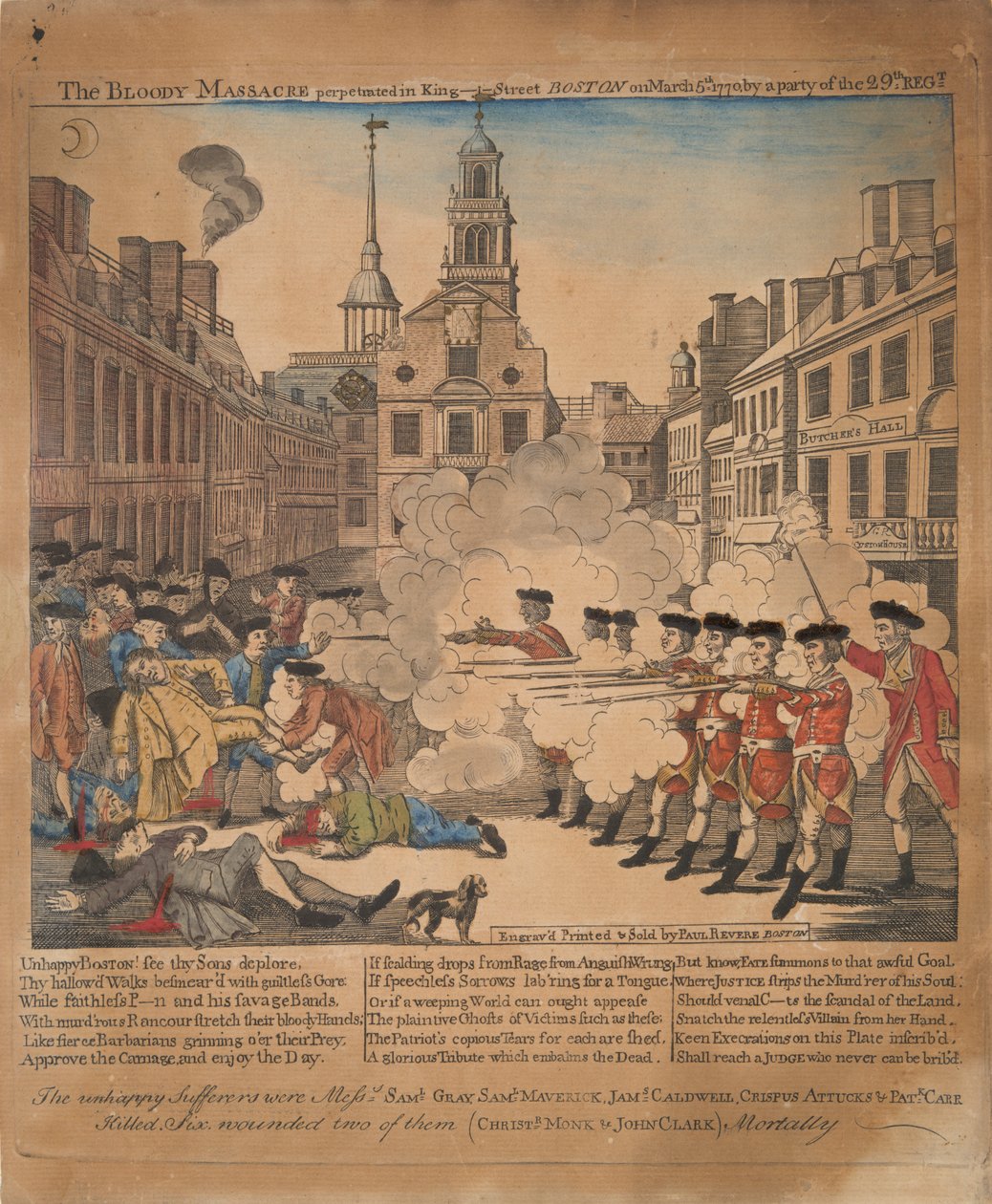 A véres mészárlás, amelyet a King-Street Bostonban követett el 1770. március 5-én a 29. kormánypárt. alkotó: Paul Revere
