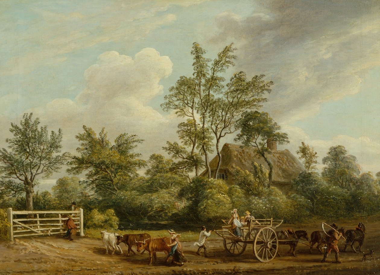 Szénakocsi mezőgazdasági munkásokkal és szarvasmarhákkal a suffolki Easton Park közelében (olaj, vászon) alkotó: Paul Sandby