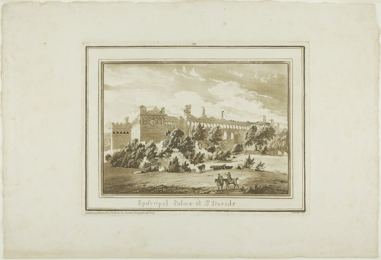 A St. Davids-i püspöki palota, tizenkettedik kép a Tizenkét dél-walesi látkép című kötetből. alkotó: Paul Sandby