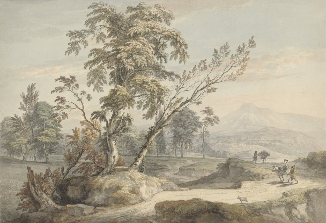 Olasz táj utazókkal No.2, 1760 körül (akvarell, toll és szürke tinta grafit felett) alkotó: Paul Sandby