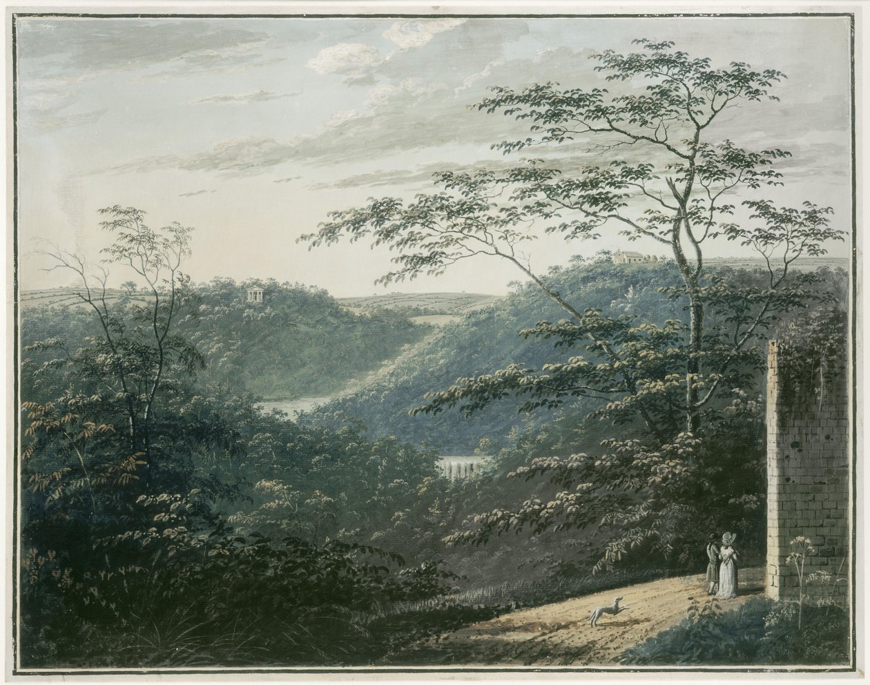 Táj vízeséssel és templommal alkotó: Paul Sandby