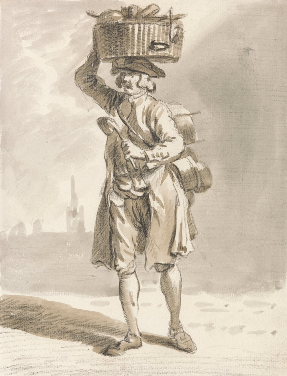 London Cries: Egy férfi kosárral (Ember, aki fazekakat és serpenyőket árul) alkotó: Paul Sandby