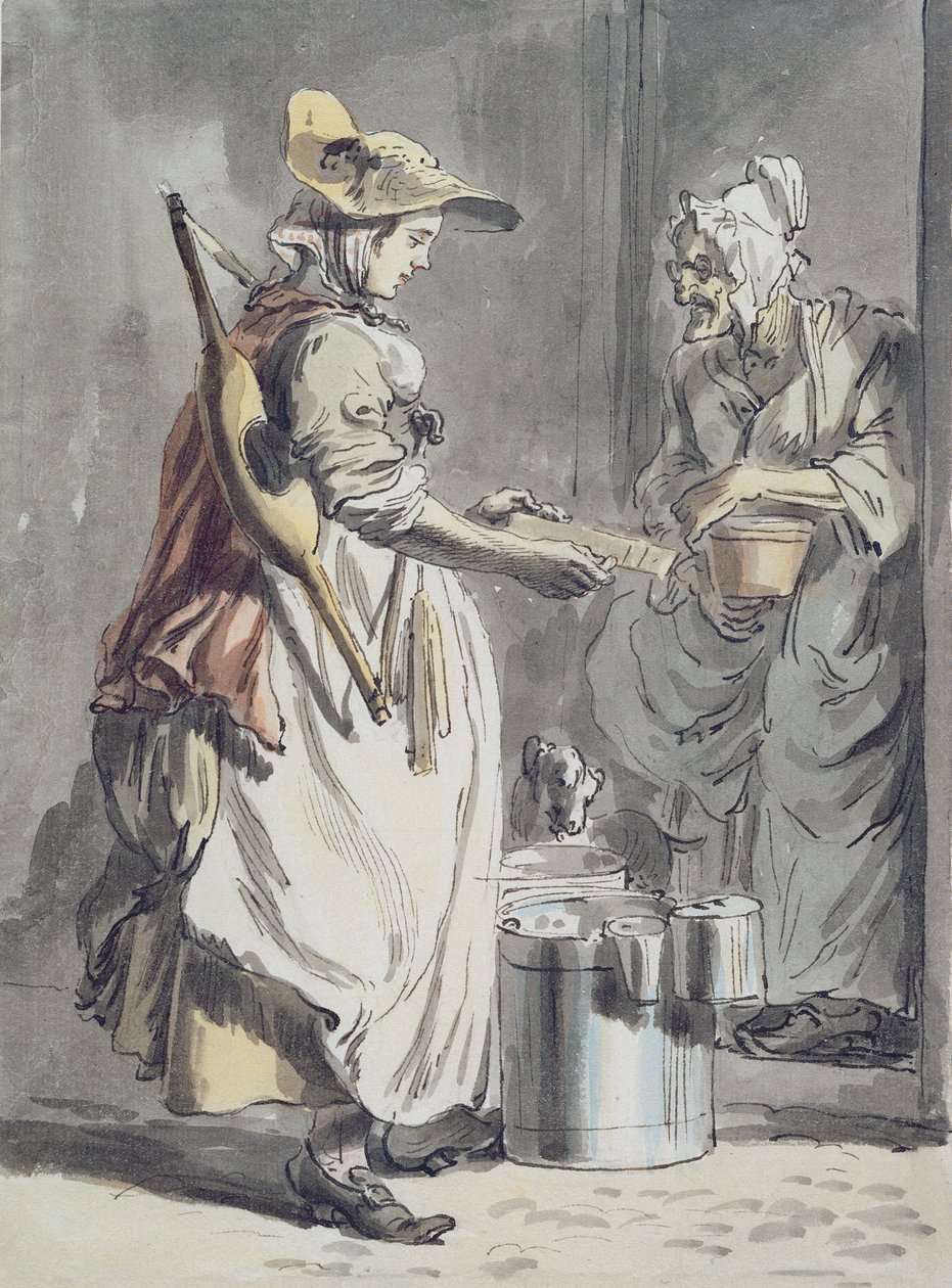 London Cries: A Milkmaid, 1759 körül (toll és tus ecset, akvarell és grafit papíron) alkotó: Paul Sandby
