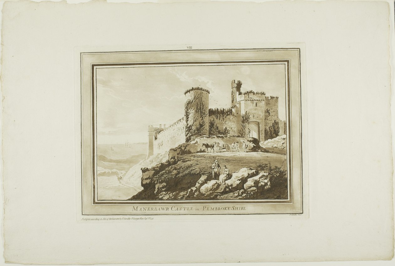 Manorbier kastély Pembrokeshire-ben, a Tizenkét nézetből Aquatintában a Dél-Wales-i helyszínen készített rajzokból alkotó: Paul Sandby